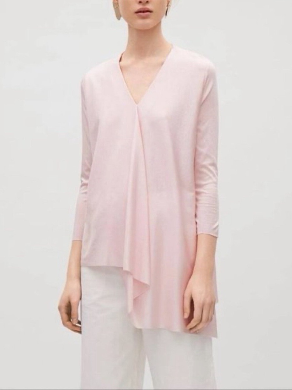 COS Asymmetrical V-Neck Pleat Cotton Top in Blush Pink